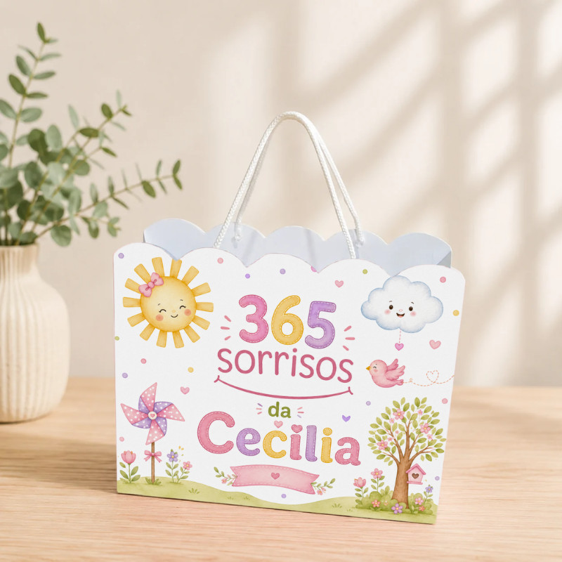 Sacolinha Personalizada 365 Sorrisos Menina  Pegue e Monte Lembrancinha Aniversário Infantil Mimos Festa
