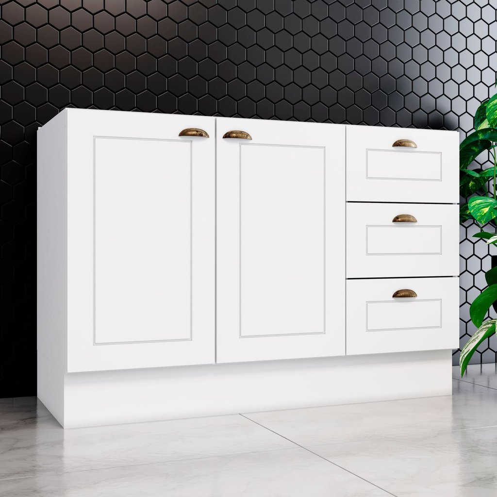 Balcão Pia 03 Gavetas 02 Portas 120cm 100% MDF Americana Branco Branco