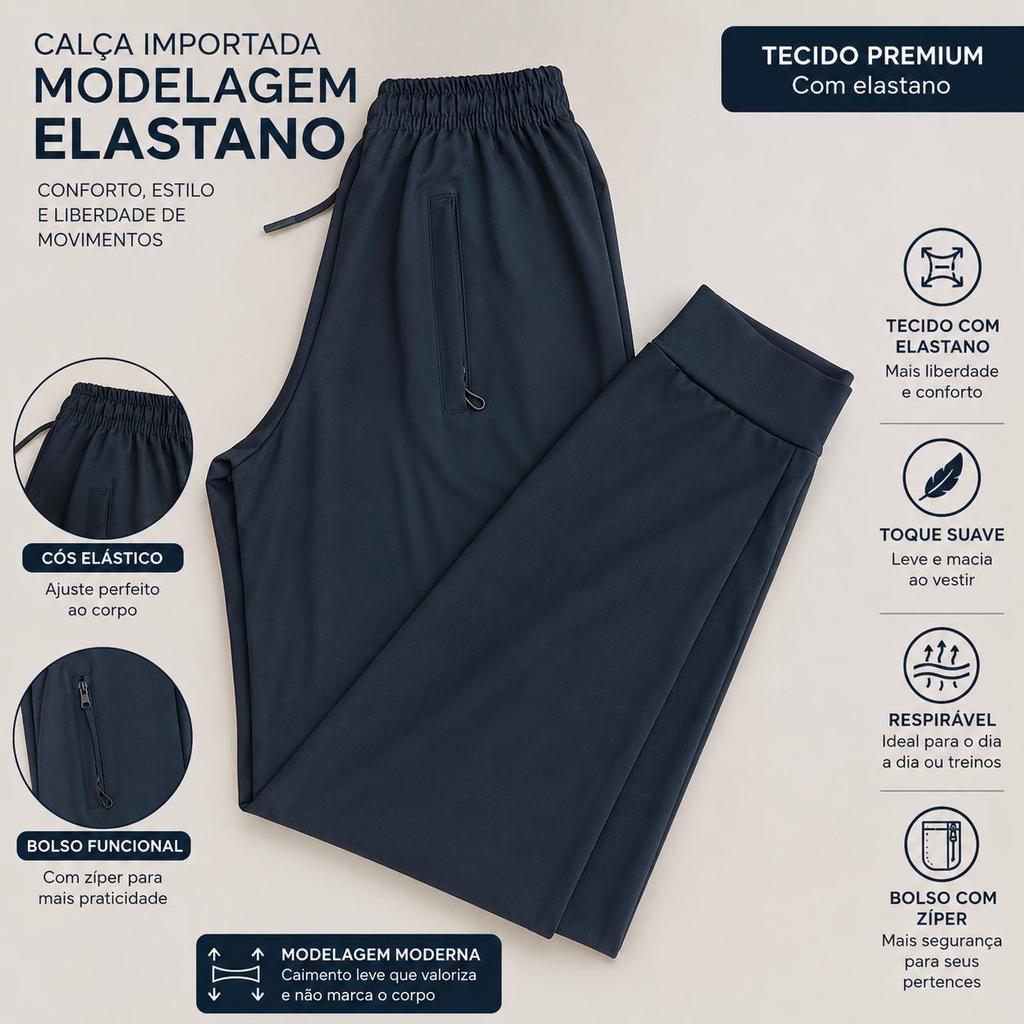 Calça Jogger Masculina Premium Bolso com Zíper Elastano Casual Esportiva Tecido Leve Respirável Macio