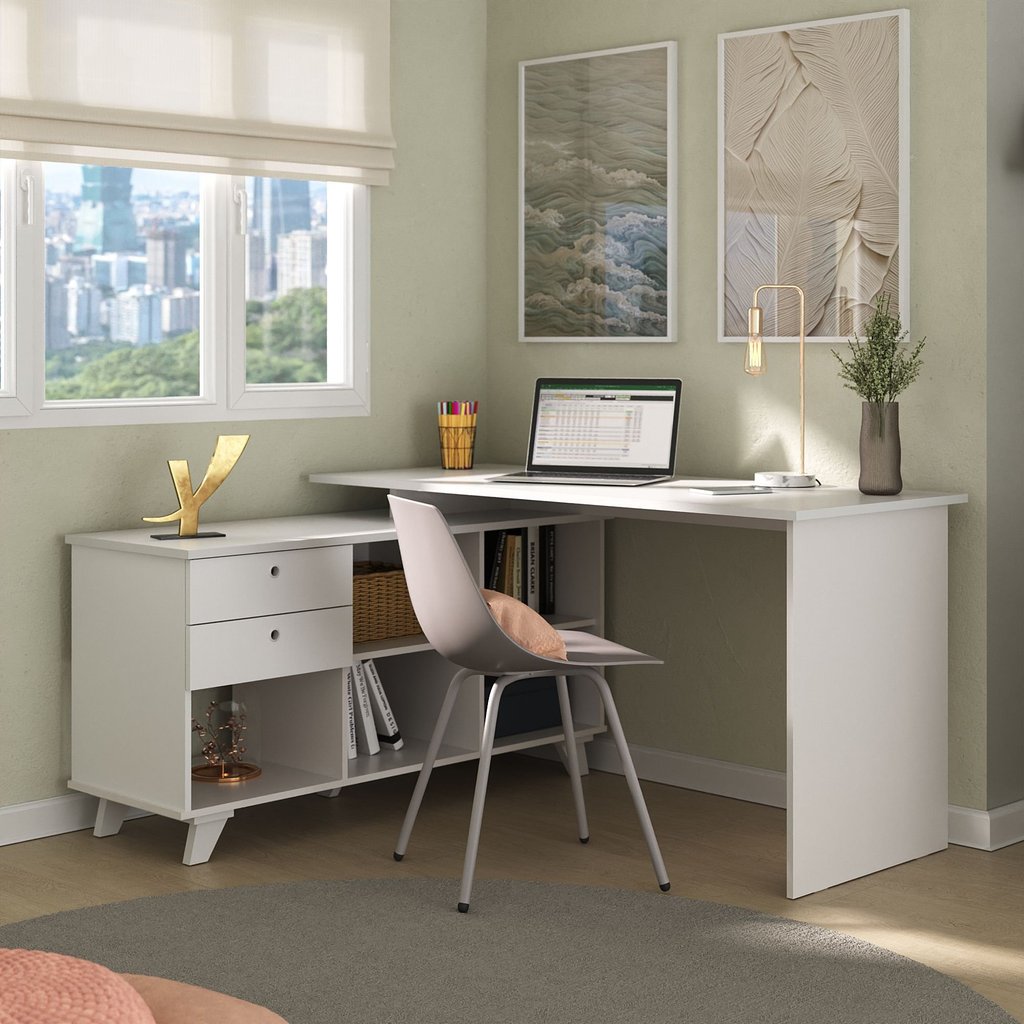Escrivaninha Retrô em L Mesa Escritório e Home Office com e Gold 2 Gavetas 5 Nichos 145cm Branco Art Branco