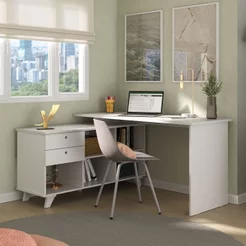 Escrivaninha Retrô em L Mesa Escritório e Home Office com e Gold 2 Gavetas 5 Nichos 145cm Branco Art Branco