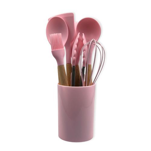Conjunto Utensilios Cozinha Silicone 8 Pecas Rosa Resistente Calor Flexivel Antiaderente