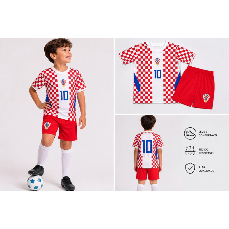 Conjunto Infantil Futebol CROACIA Quadriculado Vermelho Branco Nº 10 | Camisa + Shorts | Tecido Leve 6