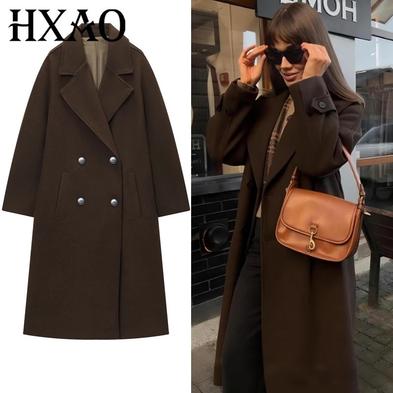 Casaco Feminino HXAO em Tweed Marrom e Misturas de Lã, Casacos de Meia-Estação, Casaco Longo Oversize, Peacoat Feminino