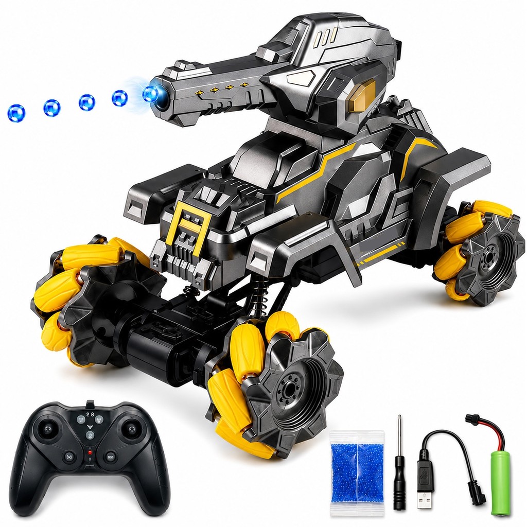 Carrinho de Controle Remoto Lança Bolinhas De Gel Recarregável 4x4 Off Road Giro 360 Graus Kizumba