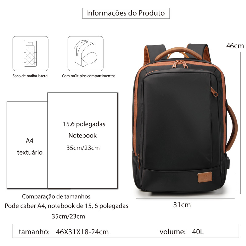 Mochila expansível para laptop de 15,6 polegadas, com porta USB, pode ser presa à mala para viagem,ideal para o trabalho — imagem 2 de 2