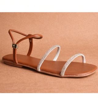 Sandália Feminina Casual Rasteira Tiras Finas Bico Quadrado Elegante Leve Confortável Moda Feminina