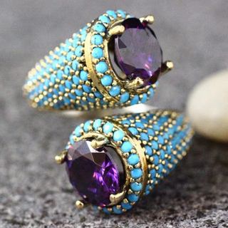 Anel Aberto de Ametista Banhado a Ouro 14K com Anéis de Turquesa em Ambos os Lados, Joia de Casamento para Mulheres, Ane