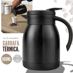 Bule Térmico Garrafa Aço Inox 500ml Café Chá Com Alça Elegance Moderna Preto