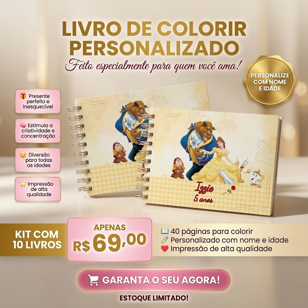 Livro de Colorir Personalizado A Bela e a Fera | Lembrancinha Infantil Aniversário | 40 Desenhos para Colorir