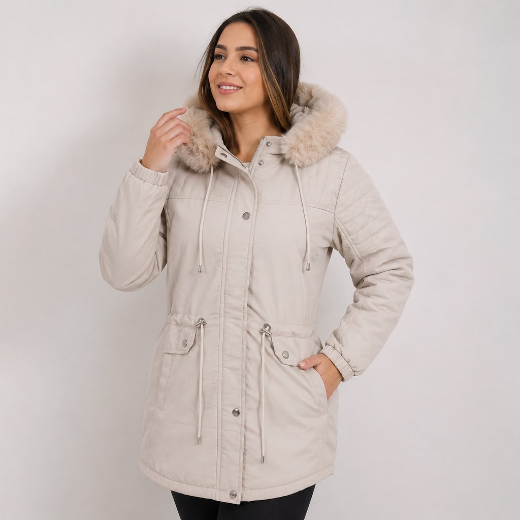 Casaco Feminino Parka Forrada Pelinho Capuz com Bolsinho Inverno — imagem 2 de 2