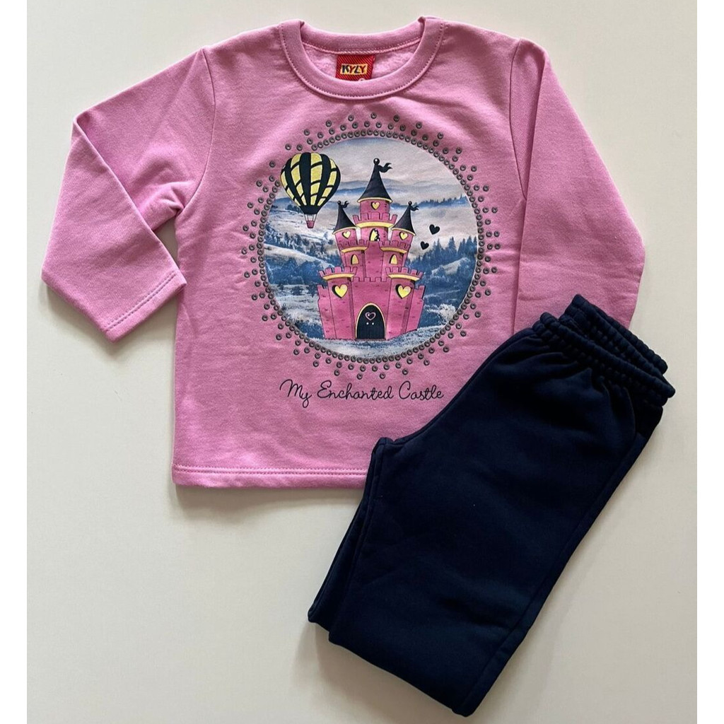Conjunto de moletom flanelado infantil menina feminino estampa castelo