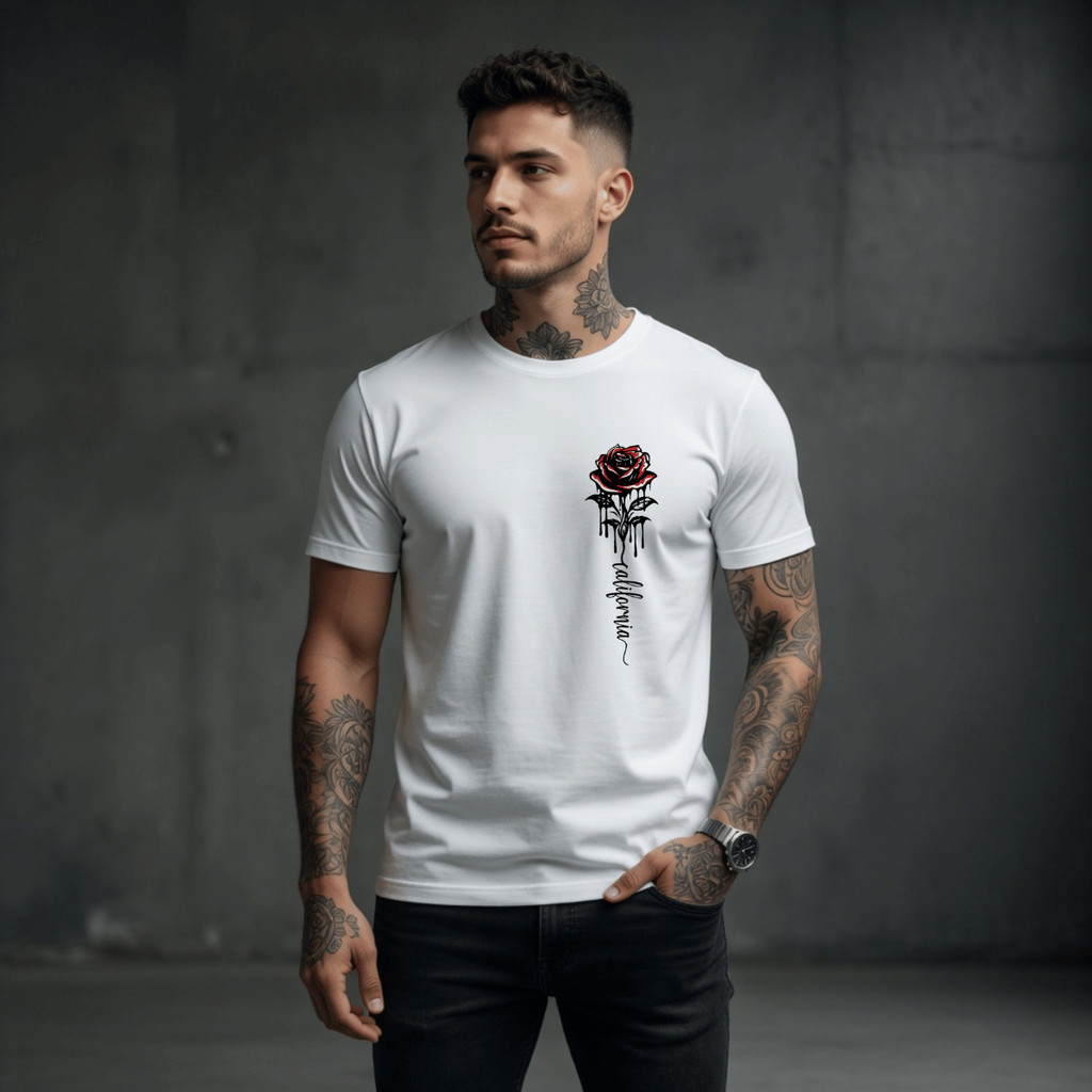 Camiseta Masculina Estampada Rosa no Peito 100% Algodão Premium Camisa Blusa Homem Academia Confortavel Plus Size