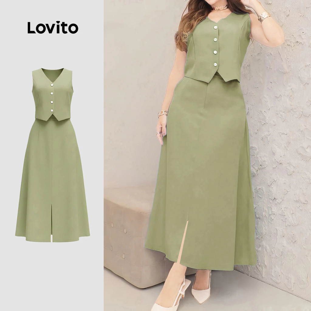 Lovito Conjunto Casual Tops ou Calças Amplas Primavera/verão Saia Verde Tops ou Calças para Mulheres LK3LD474 — imagem 1