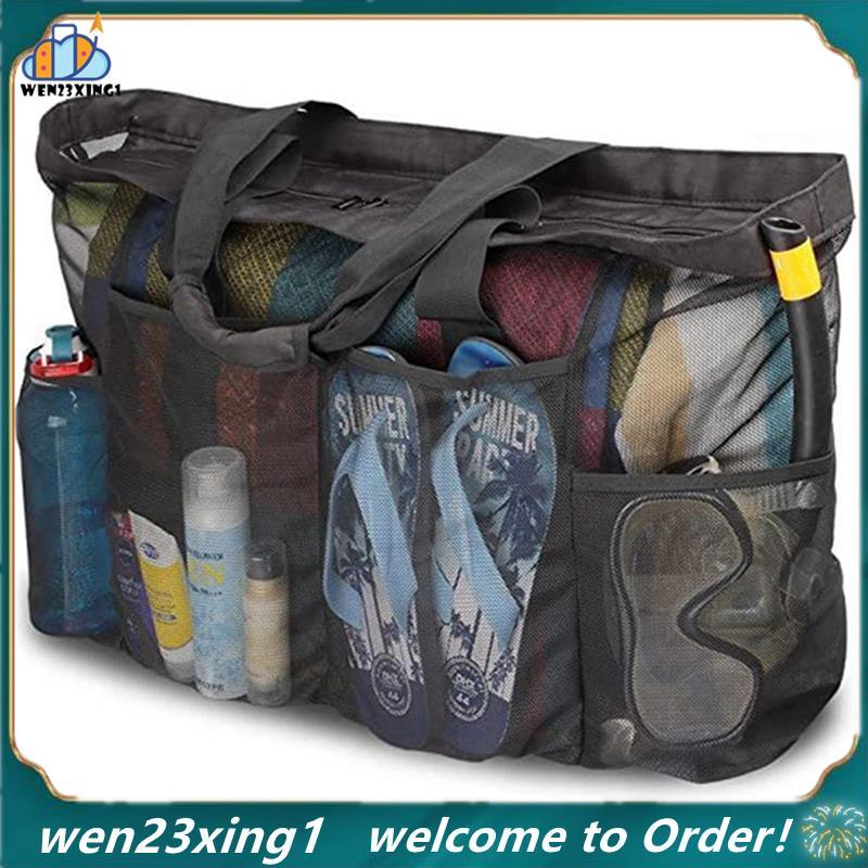 [Wen-Shop] Sacola De Praia De Capacidade Gigante Com Design Dobrável , Bolsos Zíper E Alças De Malha Para Piscina , Viag