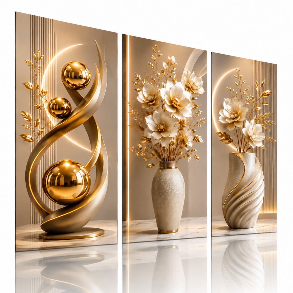 Quadros Decorativos Vasos de Flores Dourados | Abstrato Moderno kit 3 pçs Luxo para Sala Hall Escritório jm
