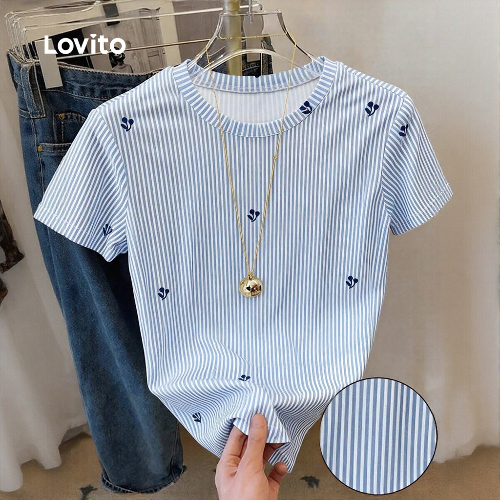 (New Arrival) Lovito Blusa Casual Feminina Azul para Primavera/Verão L196LD488