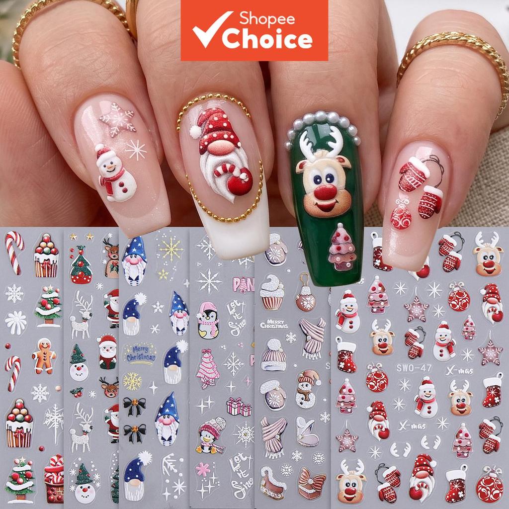 Adesivos em relevo 3D de unhas de Natal com Papai Noel e gravata borboleta, desenhos fofos de desenho animado para