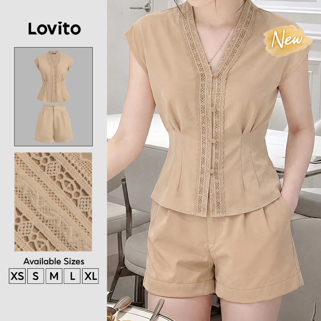 (New Arrival) Lovito Conjunto de Shorts Casuais Botão Primavera/verão Conjunto d
