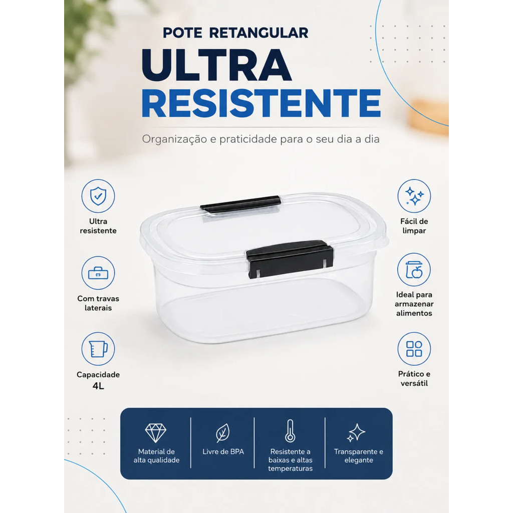 Kit 4 Potes Herméticos Plásticos Ultraforte 4 Litros GRANDE Multiuso Para Armazenar Alimentos Tampa Com Travas Barato — imagem 2 de 2