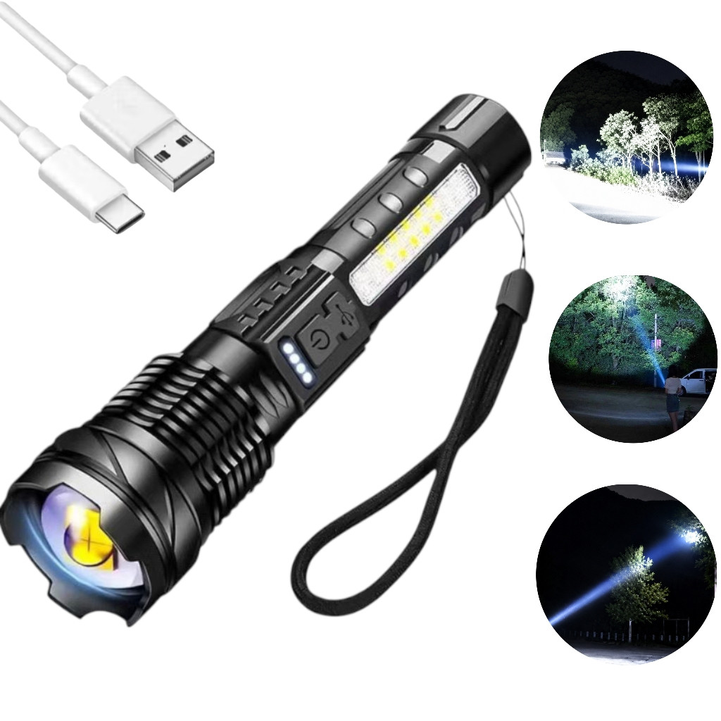 Lanterna Tática LED Alta Potência Militar 7 Modos Zoom Recarregável USB Super Forte