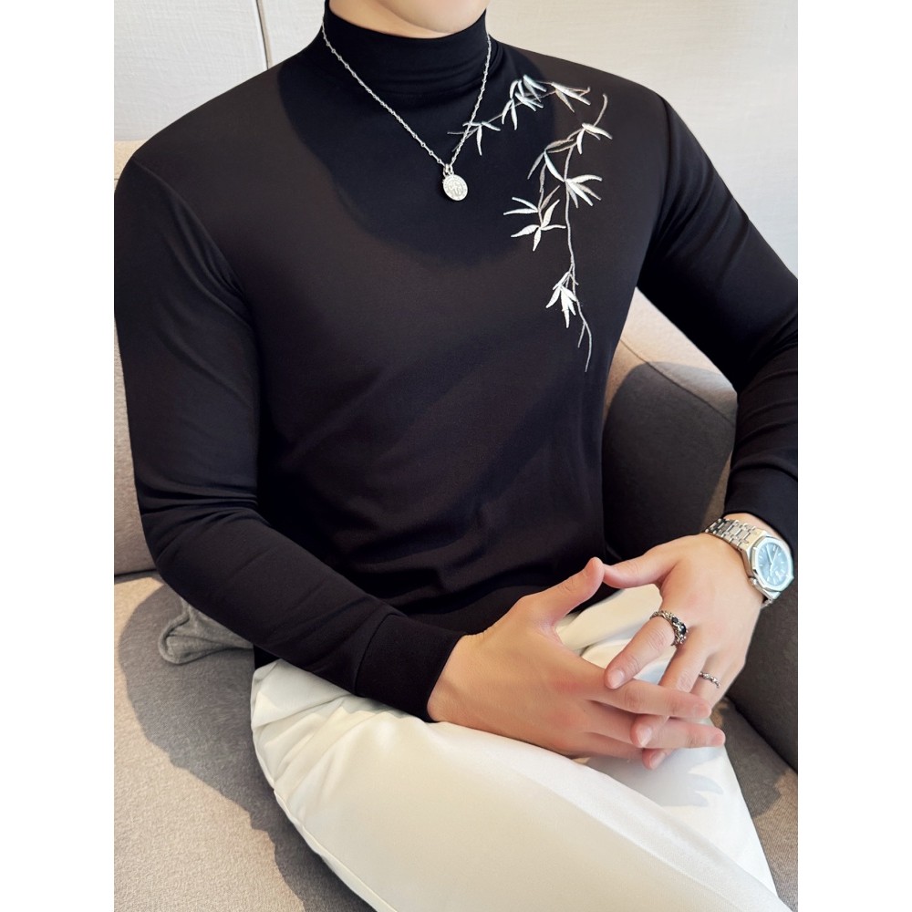 High-End bordado meia gola alta camisa de fundo masculina 2026 outono novo estilo fino ajuste elástico apertado meados-