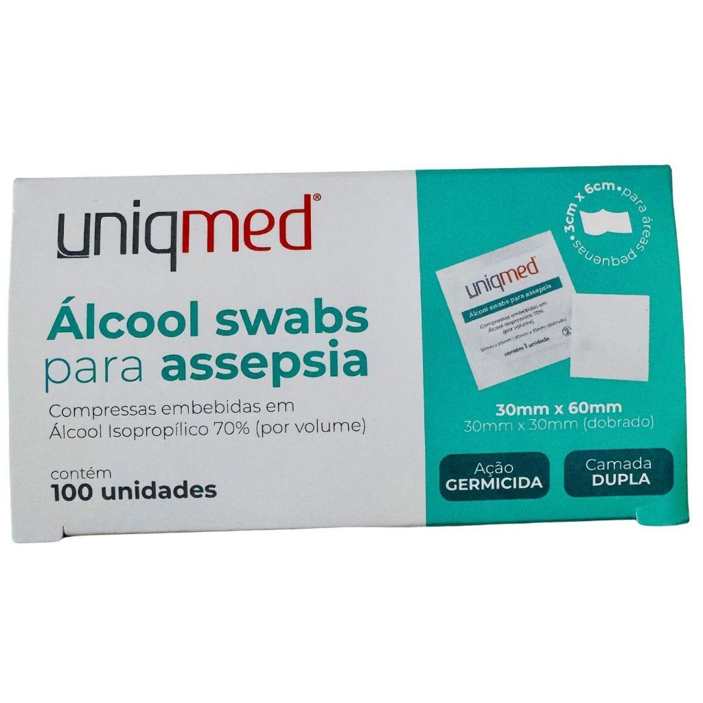 Álcool Swab 70% Lenços Umedecidos Saches UNIQMED kit c/ 100, 300, 500 unidades — imagem 2 de 2