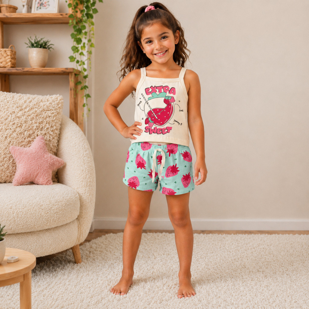 Conjunto Infantil Menina Blusa Alça em Cotton Com Estampa e Bermuda em Cotton Estampada ou Lisa