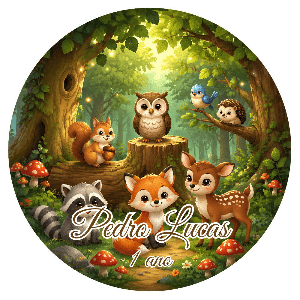 Kit 30, 50 ou 100 unidades Adesivos Circulares 5cm Floresta Encantada Lembrancinha de Festa Latinha Aniversário