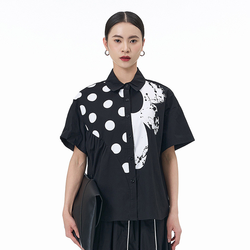 Olhos grandes [Roupas femininas estilo Yamamoto] Camisa de manga curta-2 cores verão estampado Plus Size roupas feminina
