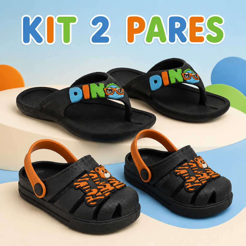 Kit Chinelo Infantil Menino Antiderrapante + Sandália Babuche Escolar Masculina Dino Macia e Leve
