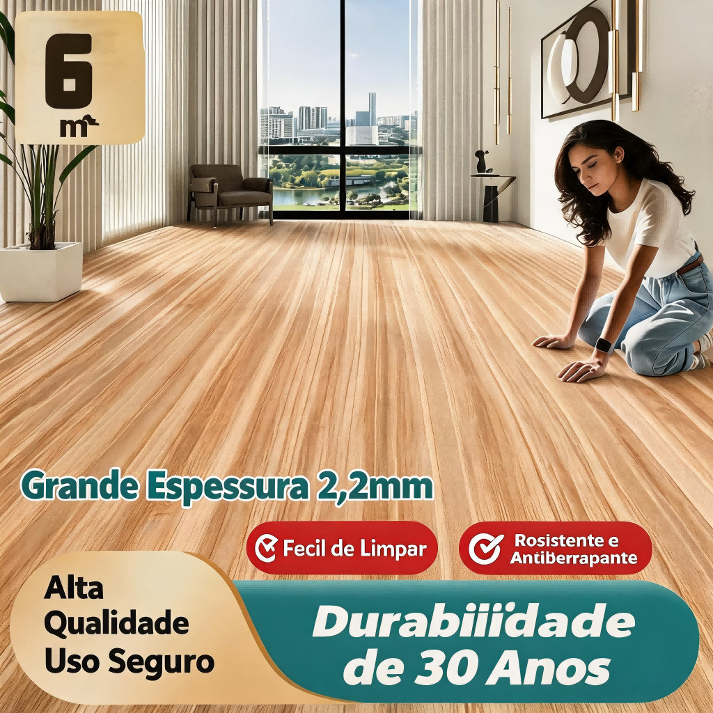 `Adesivo de Piso PVC Autocolante Madeira Castanho Claro 5m x 61cm Impermeável Resistente`