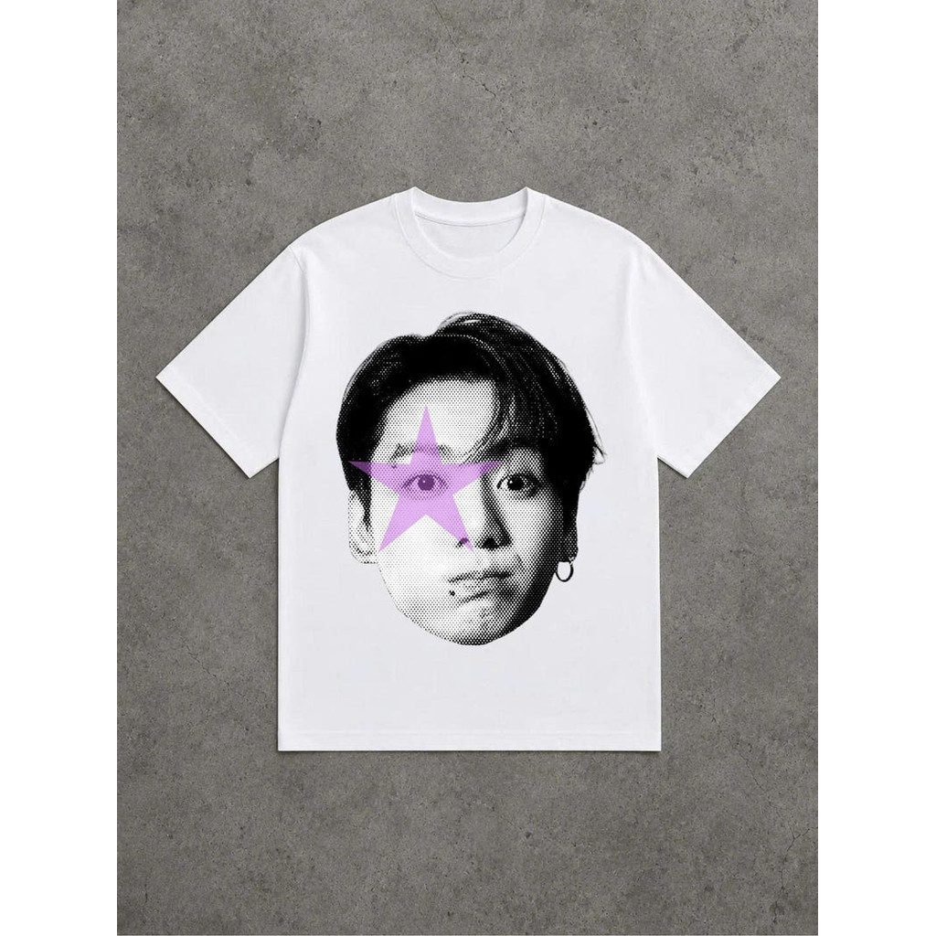 Camiseta Feminina Estampa de Imagem Facial com Estrela Violeta Moderna Confortável Atemporal Casual