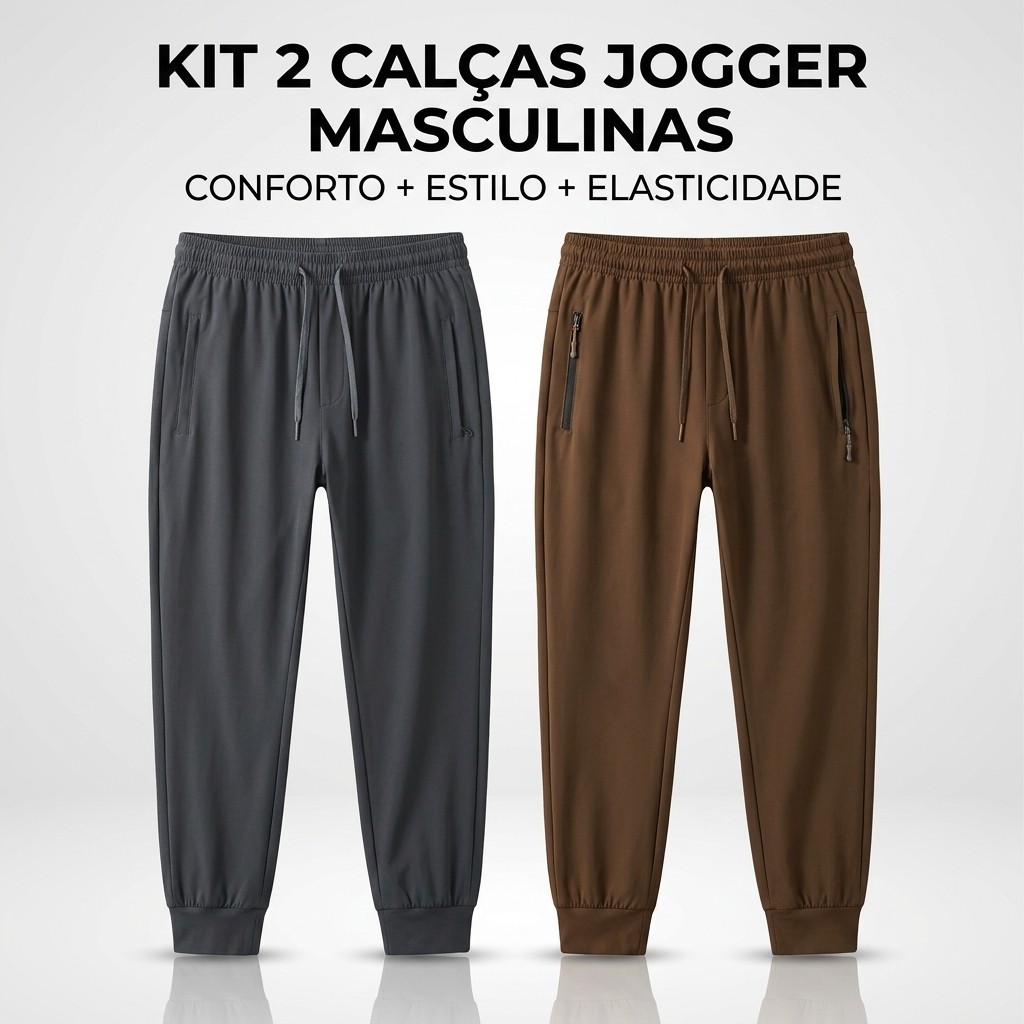 Kit 2 Calças Jogger Masculina Premium Elastano Bolso Zíper Academia Casual Esportiva Confortável