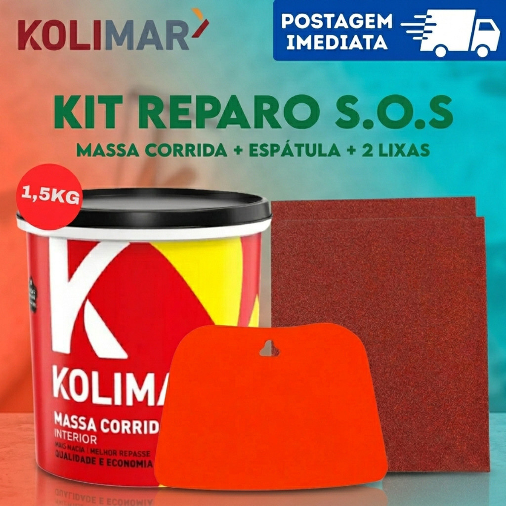 Kit Reparo Massa Corrida PVA Kolimar 1,5kg + 2 Lixas de Parede + APLICADOR PARA REPAROS NA PAREDE