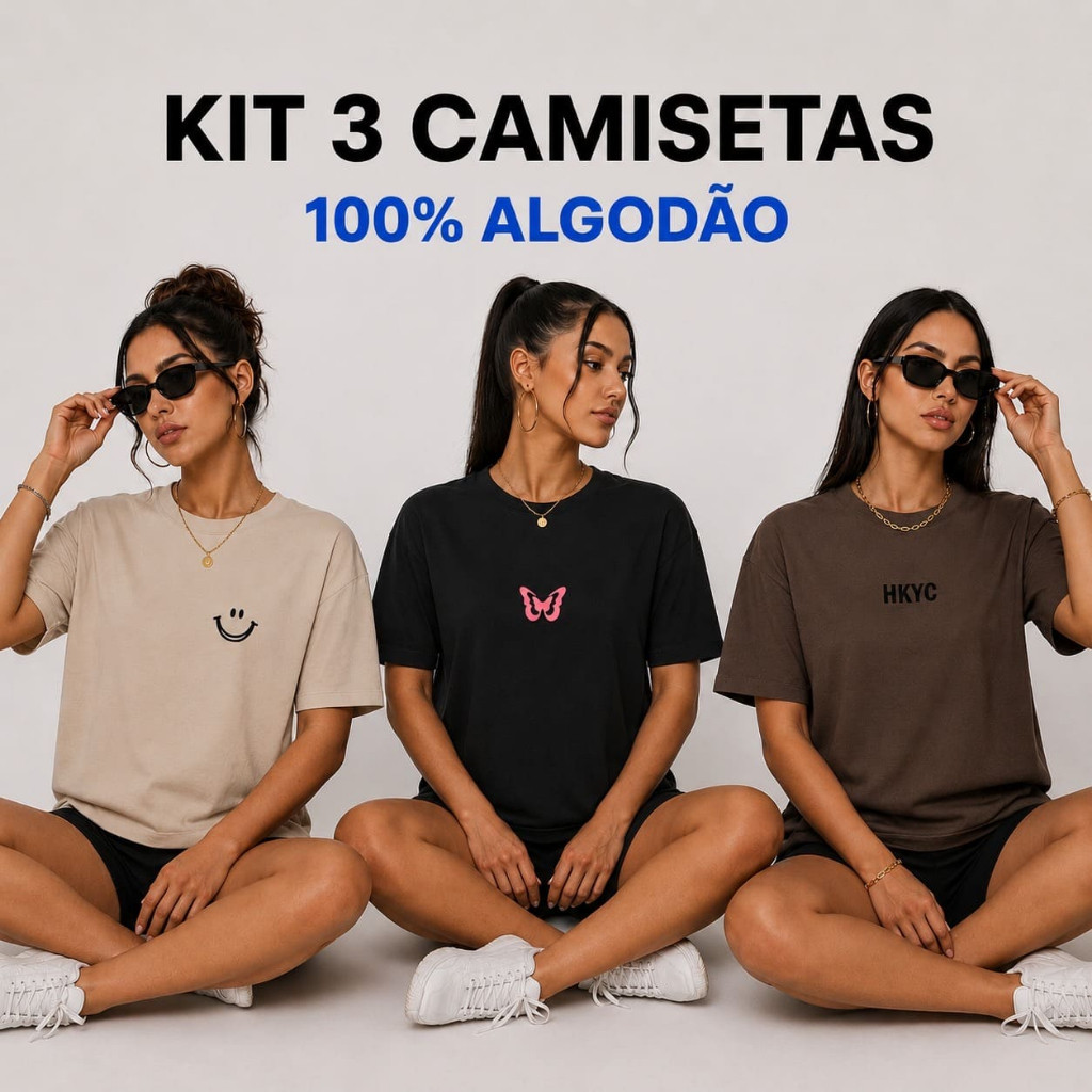 Kit 3 Camisetas Feminina Oversized Blusa Manga Curta Algodão Streetwear Academia 3 Peças