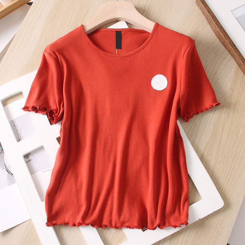 Retro branco tijolo vermelho fungo borda em torno do pescoço de manga curta camiseta feminina estiramento mais magro olh