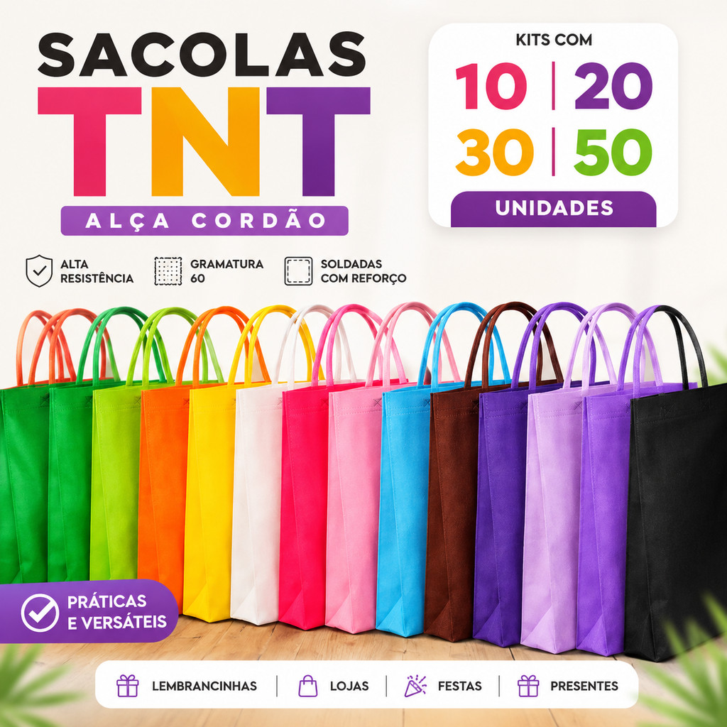 Kit 10/20/30/50 Sacola TNT 18x20 cm com alçca cordão, soldadas, de alta resistência com gramatura 60