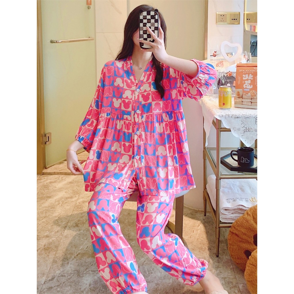 Cardigan terno pijamas feminino algodão seda primavera verão simples doce mangas de três quartos pode usar fora solto Ex