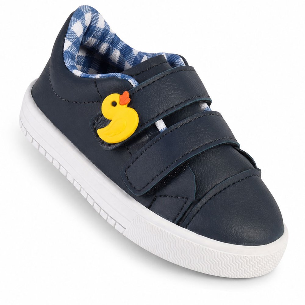 Tênis Infantil Menino Bee Happy Patinho Azul Marinho com Velcro e Forro Xadrez