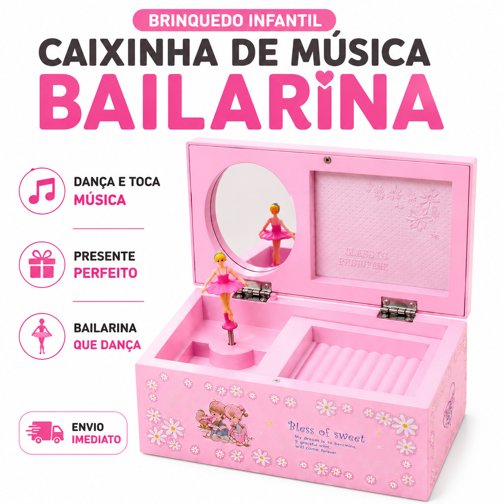 Caixa de Música Infantil com Bailarina Giratória Espelho Porta Joias Rosa