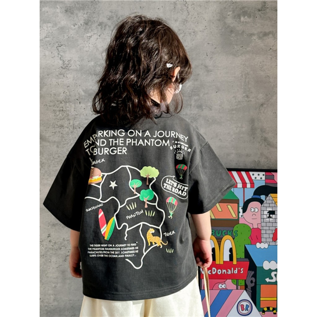 Crianças versão coreana em torno do pescoço 2025 verão casual camiseta bebê algodão topo casual dos desenhos animados ca