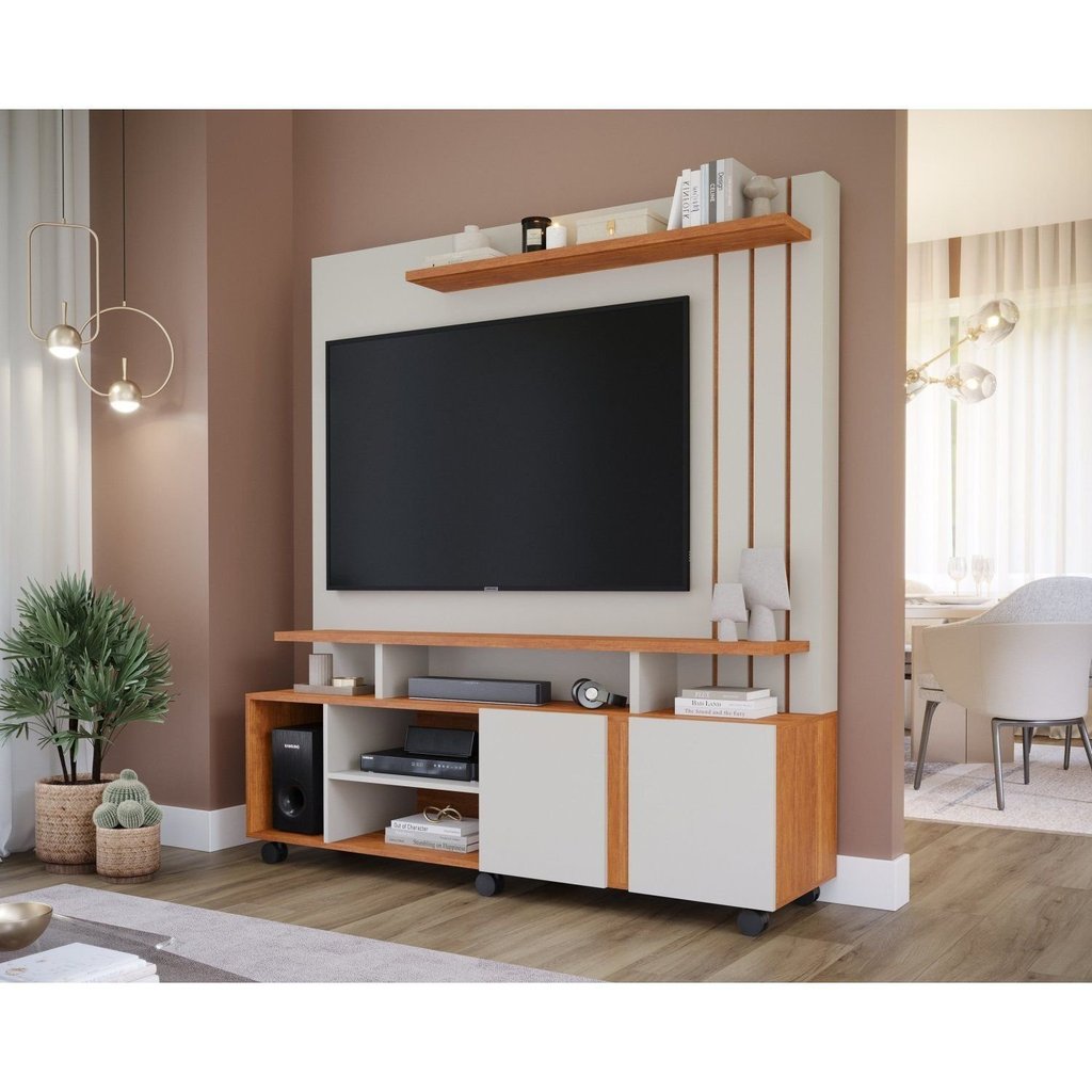 Estante para TV e Home Theater até 55 Polegadas 100% MDF 160CMX182,5cm 2 Portas Valência Branco Off White/Cinamomo