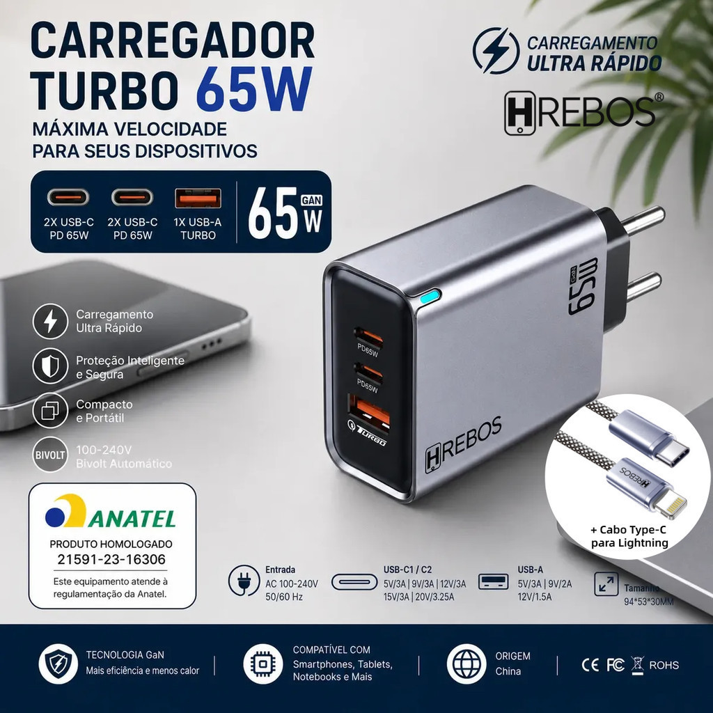 Carregador Turbo GaN 65W HREBOS 3 Portas USB-C PD USB-A Cabo Lightning