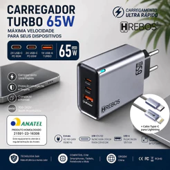 Carregador Turbo GaN 65W HREBOS 3 Portas USB-C PD USB-A Cabo Lightning