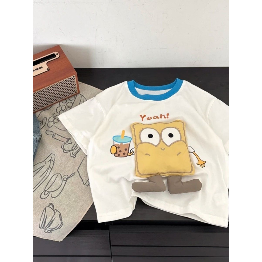 100% algodão crianças camiseta de manga curta verão 2026 novo estilo dos desenhos animados boneca tridimensional masculi