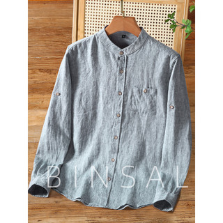 Luz de luxo High-End puro linho gola alta camisa de manga comprida linho masculino solto preguiçoso estilo dinheiro anti