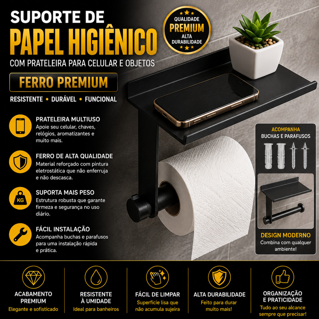 Suporte Papel Higiênico de Ferro com Prateleira Porta Celular para Banheiro Preto