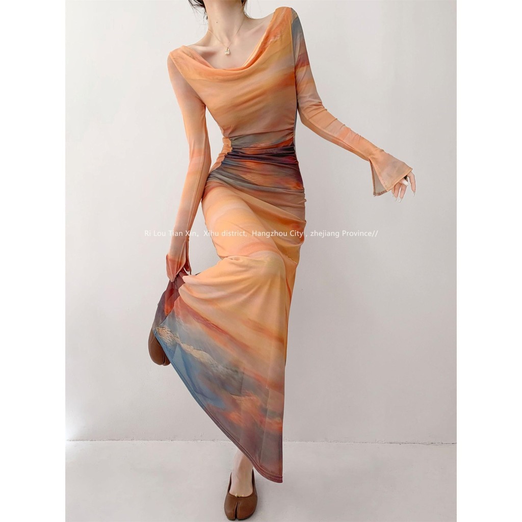 2026 Superstar Escape Sunset Tie-Dye Impresso Swing Collar Vestido Feminino Temperamento Slim-fit Retrátil Férias Saia L