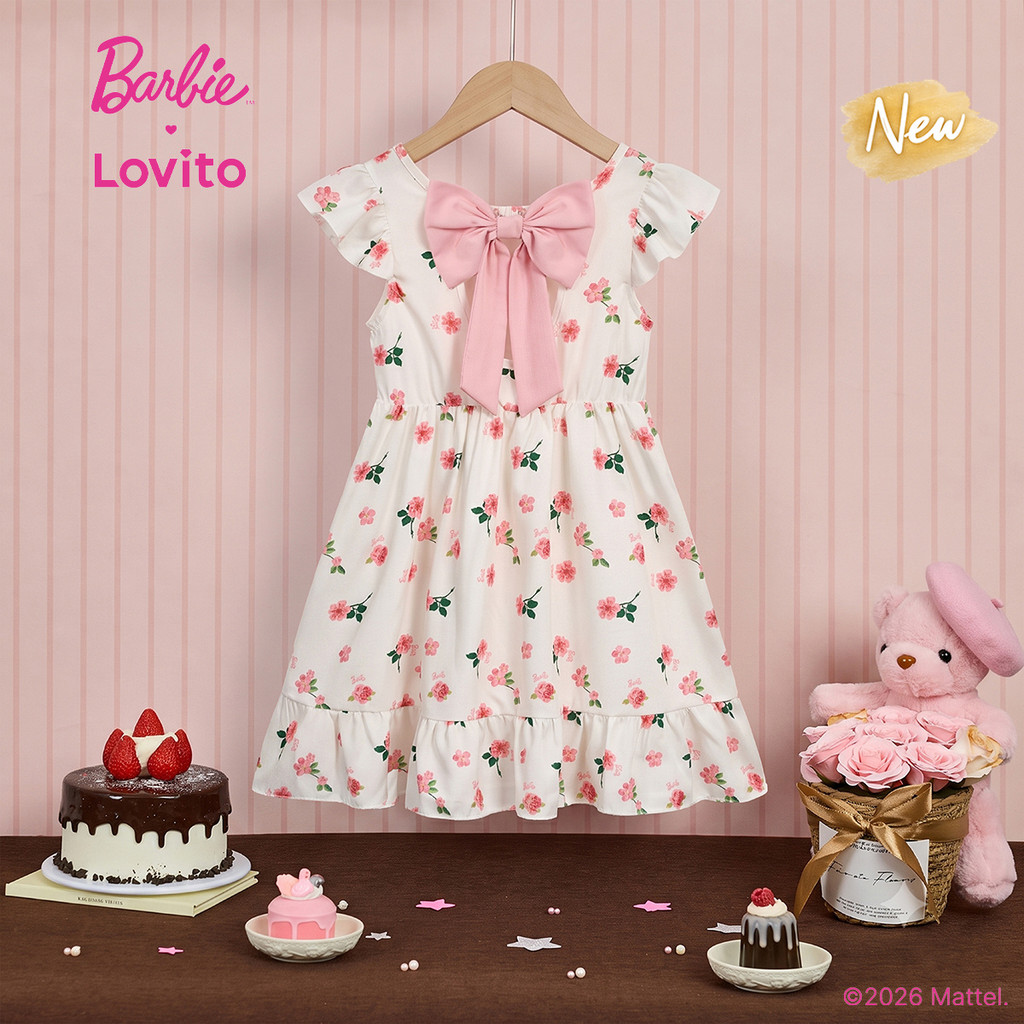 (New Arrival) Barbie™ X Lovito Infantil Vestido Longo Evase off White Floral Laço Traseiro Barra Com Babado Primavera Verão Fim De Semana Para Meninas DRBL6PAD048